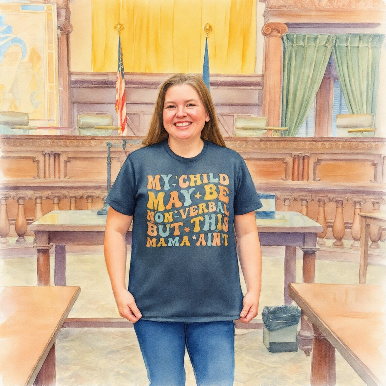 Illustrated portrait of Heidi wearing a shirt that says her child may be nonverbal but this mama is not.