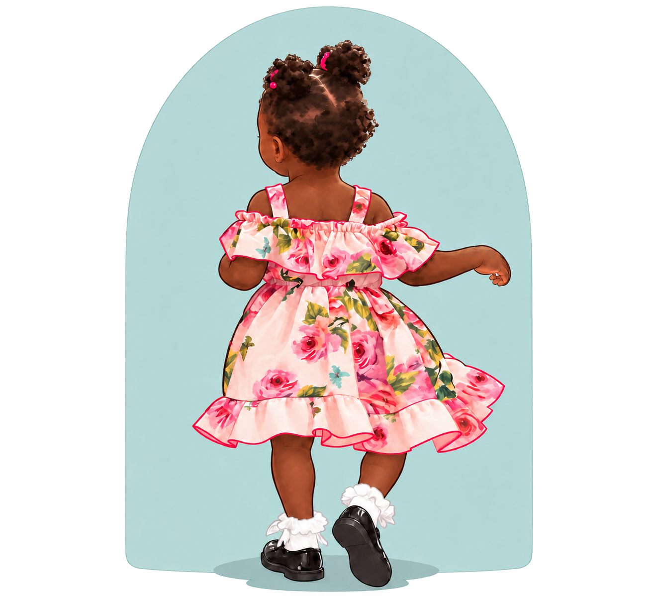 Little girl in a pink floral dress walking, viewed from behind